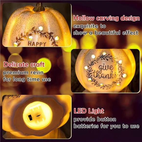 3 Pack Happy Fall White Pumpkin Light Tabletop Decor Set Pumpkin Resin with LED - Picture 3 of 7